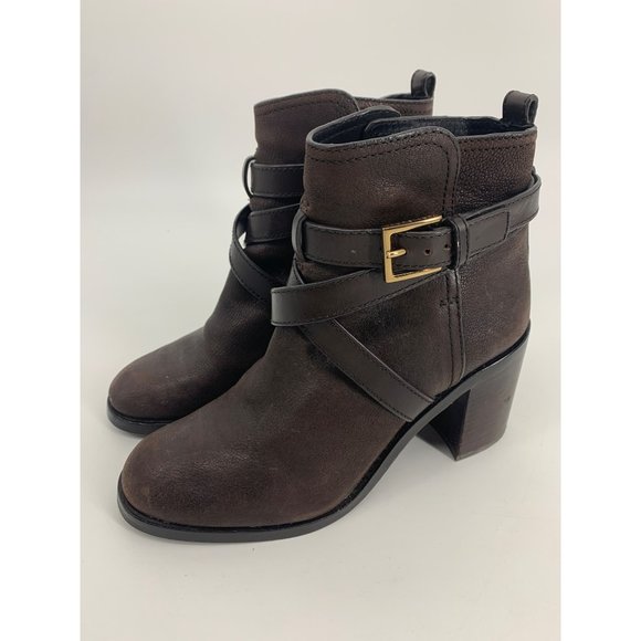 Tory Burch Brown Leather Ankle Boots with Wrap Around Strap and Buckle Size 9M - Picture 2 of 7